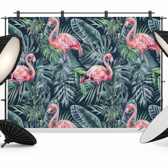 10x8ft Photo Backdrop, Pink Flamingo Soft Polyester Backdrop Curtains Photography Backdrops, Summer Watercolor Tropical Green Palm Leaves Brushed Background for Photoshoots Studio Video Portrait