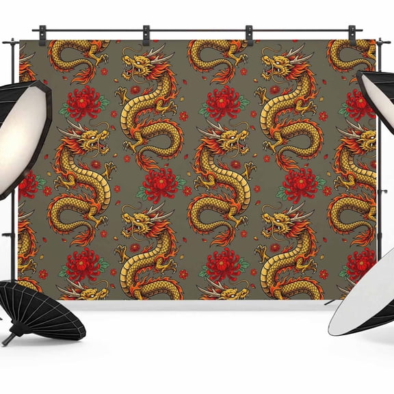 10x8ft Photo Backdrop, Red Chinese Dragon Soft Polyester Backdrop Curtains Photography Backdrops, Vintage Chic Flowers Leaf Textured Grey Brushed Background for Photoshoots Studio Video Portrait