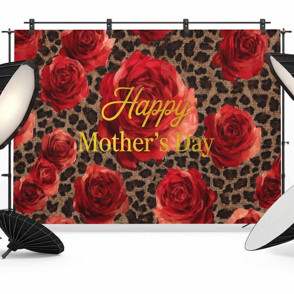10x8ft Photo Backdrop, Red Roses Leopard Soft Polyester Backdrop Curtains Photography Backdrops, Happy Mother's Day Brushed Background for Photoshoots Studio Video Portrait Parties
