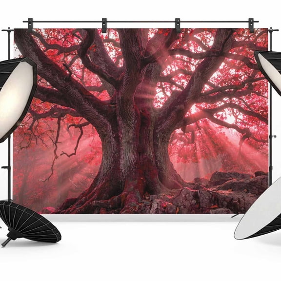 10x8ft Photo Backdrop, Red Trees Soft Polyester Backdrop Curtains Photography Backdrops, Country Forest Branches Nature Light View Brushed Background for Photoshoots Studio Video Portrait Parties