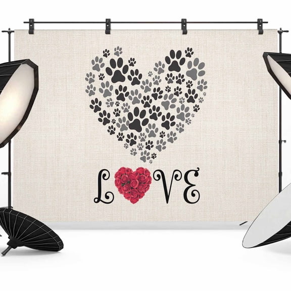 10x8ft Photo Backdrop, Romance Love Soft Polyester Backdrop Curtains Photography Backdrops, Heart Dog Paw Prints Roses Beige Brushed Background for Photoshoots Studio Video Portrait Parties