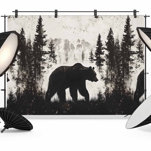 10x8ft Photo Backdrop, Rustic Bear Soft Polyester Backdrop Curtains Photography Backdrops, Vintage Country Wildlife Forest Mountains Brushed Background for Photoshoots Studio Video Portrait Parties
