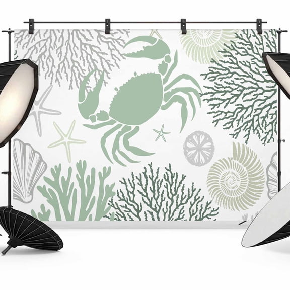 10x8ft Photo Backdrop, Sage Green Crab Coastal Soft Polyester Backdrop Curtains Photography Backdrops, Summer Coral Nautical Brushed Background for Photoshoots Studio Video Portrait Parties