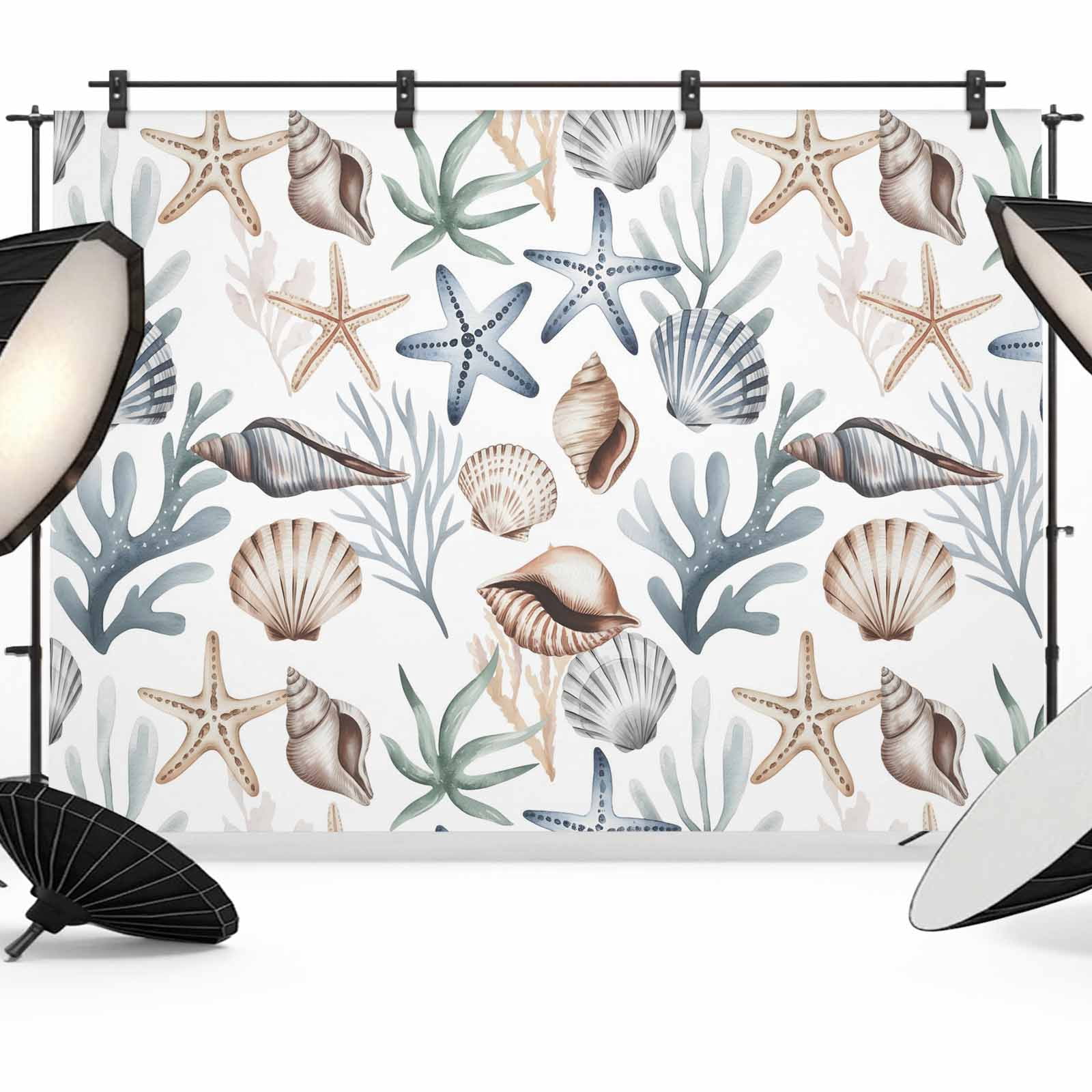 Capos Shells Backdrop 10x8ft Photo Backdrop, Sea Coral Shells Starfish Soft Polyester ...