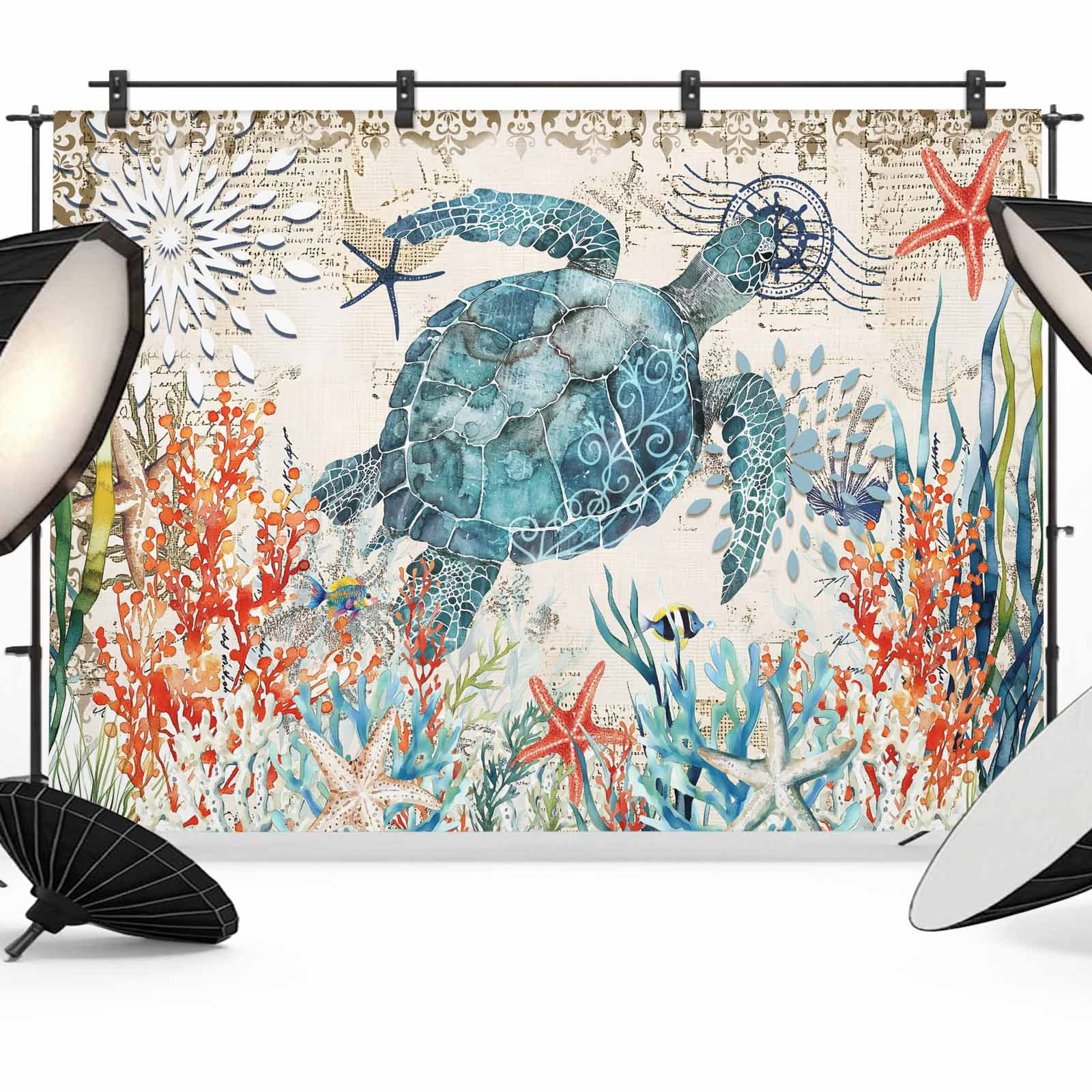 10x8ft Photo Backdrop, Sea Turtle Coastal Soft Polyester Backdrop ...