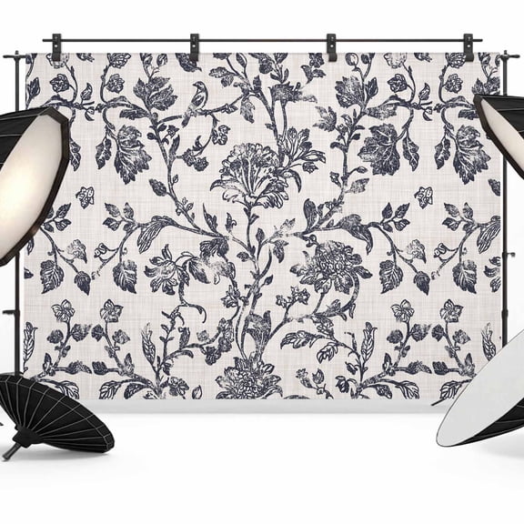 10x8ft Photo Backdrop, Spring Flowers Soft Polyester Backdrop Curtains Photography Backdrops, Farmhouse Dark Blue Pastoral Floral Leaf Brushed Background for Photoshoots Studio Video Portrait Parties