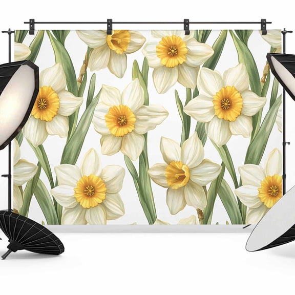 10x8ft Photo Backdrop, Spring Flowers Soft Polyester Backdrop Curtains Photography Backdrops, White Botanical Nature Daffodils Floral Brushed Background for Photoshoots Studio Video Portrait Parties