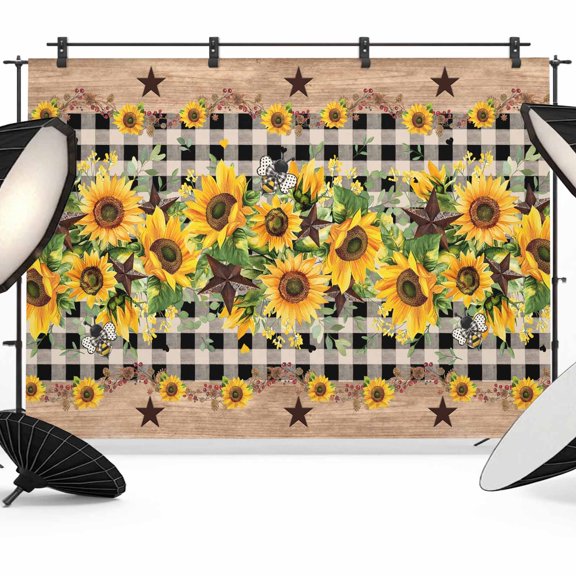 10x8ft Photo Backdrop, Spring Sunflower Soft Polyester Backdrop Curtains Photography Backdrops, Checkered Star Farmhouse Retro Brushed Background for Photoshoots Studio Video Portrait Parties