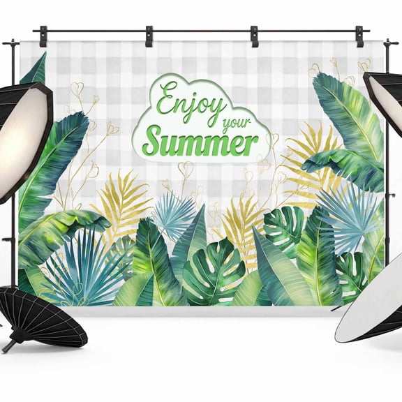 10x8ft Photo Backdrop, Summer Botanical Soft Polyester Backdrop Curtains Photography Backdrops, Tropical Plants Monsteral Leaf Gray Plaid Brushed Background for Photoshoots Studio Video Portrait