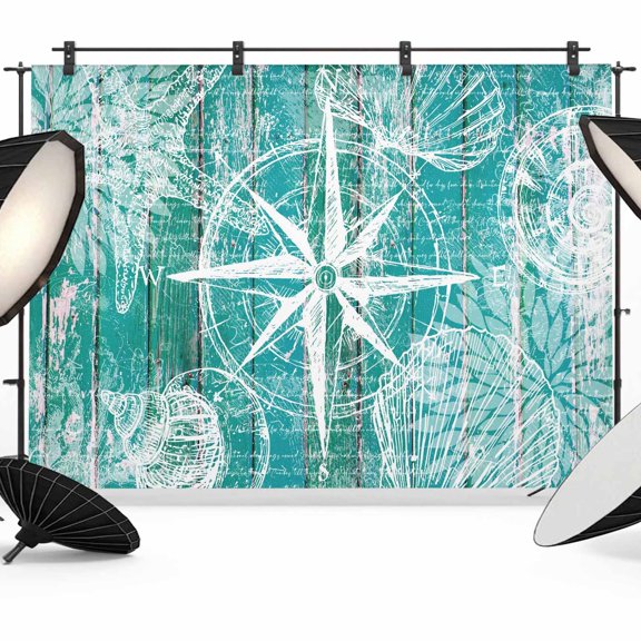 10x8ft Photo Backdrop, Summer Coastal Soft Polyester Backdrop Curtains Photography Backdrops, Ocean Compass Starfish Shell Conch Blue Green Brushed Background for Photoshoots Studio Video Portrait