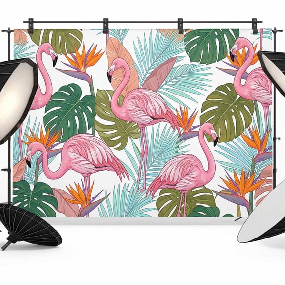 10x8ft Photo Backdrop, Summer Flamingos Soft Polyester Backdrop Curtains Photography Backdrops, Tropical Monstera Deliciosa Brushed Background for Photoshoots Studio Video Portrait Parties