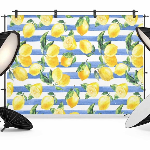 10x8ft Photo Backdrop, Summer Lemon Soft Polyester Backdrop Curtains Photography Backdrops, Fruits Green Botanical Blue Striped Brushed Background for Photoshoots Studio Video Portrait Parties