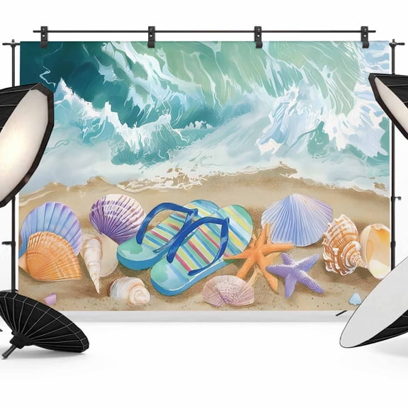 10x8ft Photo Backdrop, Summer Nautical Soft Polyester Backdrop Curtains Photography Backdrops, Ocean Beach Flip Flops Shells Waves Green Brushed Background for Photoshoots Studio Video Portrait Party