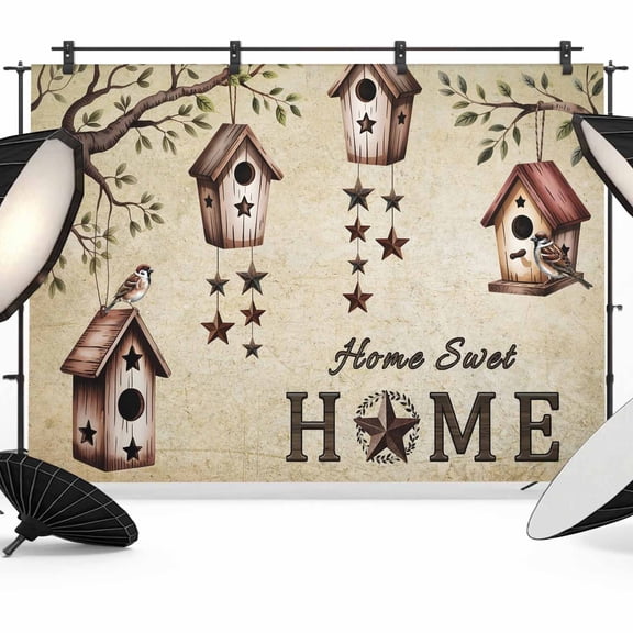 10x8ft Photo Backdrop, Sweet Home Soft Polyester Backdrop Curtains Photography Backdrops, Western Stars Bird Houses Country Vintage Brushed Background for Photoshoots Studio Video Portrait Parties