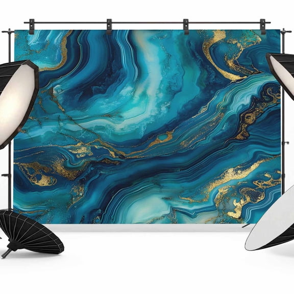 10x8ft Photo Backdrop, Teal Blue Marble Soft Polyester Backdrop Curtains Photography Backdrops, Ink Painting Modern Abstract Yellow Brushed Background for Photoshoots Studio Video Portrait Parties