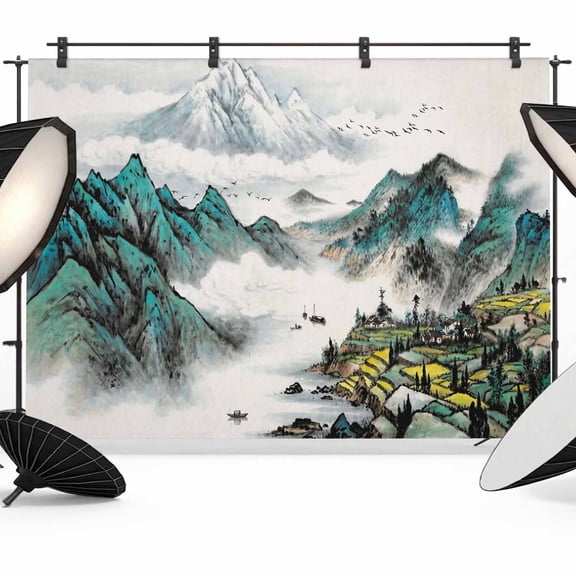 10x8ft Photo Backdrop, Teal Chinese Ink Soft Polyester Backdrop Curtains Photography Backdrops, Oil Painting Abstract Art Mountain Brushed Background for Photoshoots Studio Video Portrait Parties