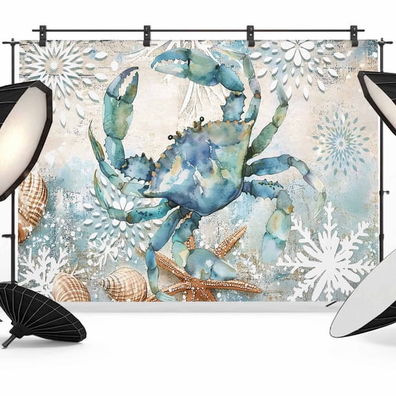 10x8ft Photo Backdrop, Teal Crab Coastal Soft Polyester Backdrop Curtains Photography Backdrops, Nautical Summer Beach Starfish Ocean Brushed Background for Photoshoots Studio Video Portrait Parties