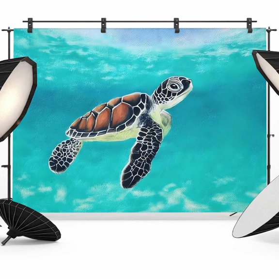10x8ft Photo Backdrop, Teal Turtle Coastal Soft Polyester Backdrop Curtains Photography Backdrops, Summer Ocean Sea Seaside Brushed Background for Photoshoots Studio Video Portrait Parties