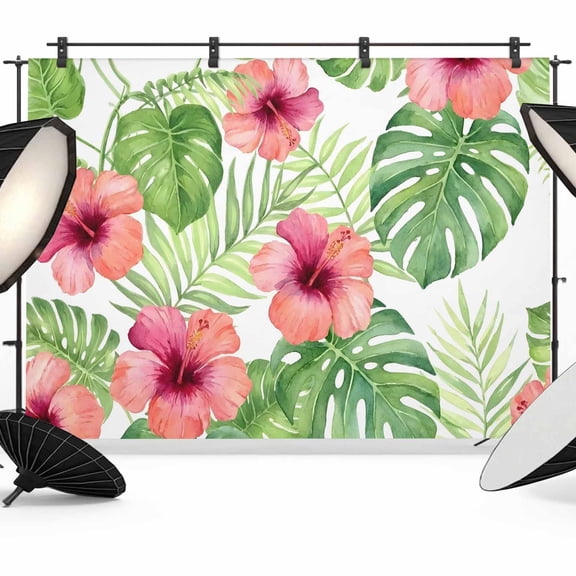 10x8ft Photo Backdrop, Tropical Palm Tree Soft Polyester Backdrop Curtains Photography Backdrops, Summer Pink Floral Boho Beach Plants Brushed Background for Photoshoots Studio Video Portrait Parties