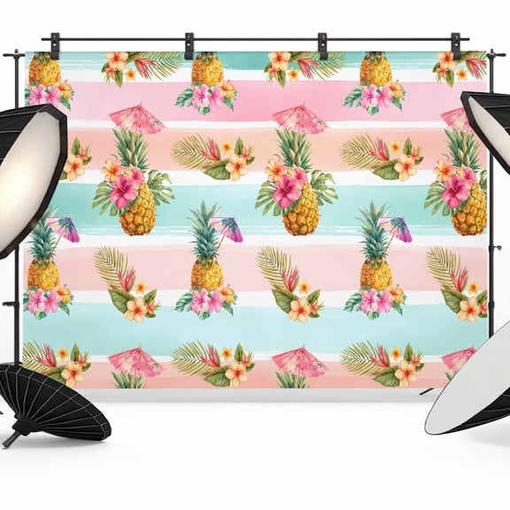 10x8ft Photo Backdrop, Tropical Pineapple Soft Polyester Backdrop Curtains Photography Backdrops, Summer Palm Leaves Flowers Colorful Stripes Brushed Background for Photoshoots Studio Video Portrait
