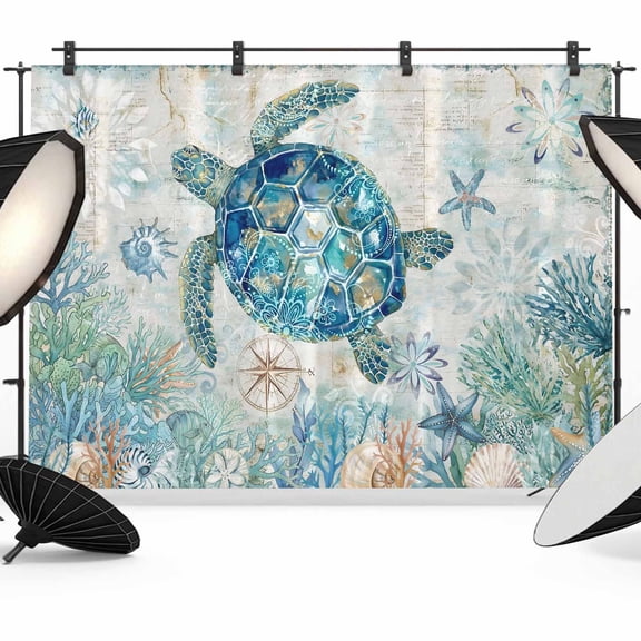 10x8ft Photo Backdrop, Underwater Turtle Soft Polyester Backdrop Curtains Photography Backdrops, Coastal Coral Starfish Summer Ocean Reefs Brushed Background for Photoshoots Studio Video Portrait