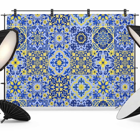 10x8ft Photo Backdrop, Vintage Boho Soft Polyester Backdrop Curtains Photography Backdrops, Middle Century Bohemia Style Patchwork Blue Brushed Background for Photoshoots Studio Portrait Parties