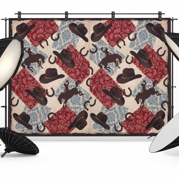 10x8ft Photo Backdrop, Western Cowboy Soft Polyester Backdrop Curtains Photography Backdrops, Country Horse Hat Red Blue Paisley Flower Brushed Background for Photoshoots Studio Video Portrait Party