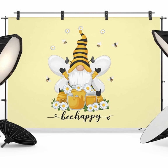 10x8ft Photo Backdrop, Yellow Gnomes Soft Polyester Backdrop Curtains Photography Backdrops, Spring Bees Daisy Honey White Floral Brushed Background for Photoshoots Studio Video Portrait Parties