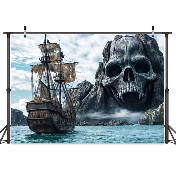 10x8ft Pirate Theme Photo Backdrop Photography Background, Treasure Chest Map Skull Gun Halloween Pirate Ship Trunk or Treat Backdrops Photo Booth Prop Decorations Wall Decor Tablecloth