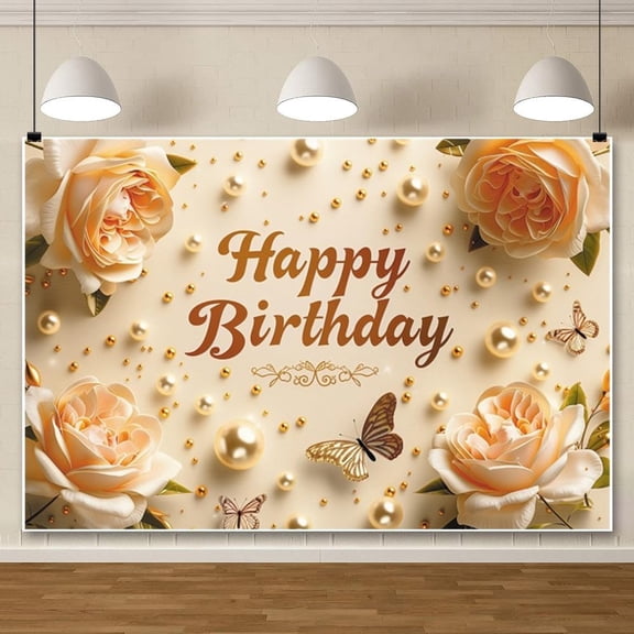 10x8ft Roses Happy Birthday Backdrop Champaign Gold Rose Photo Booth Props Pearls Butterflies Background Decor for Women Girls Birthday Party Banner Cake Table Photography Supplies