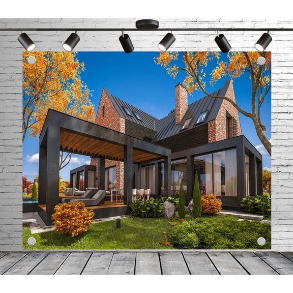 10x8ft Rustic Backdrop Autumn Trees Lawn Photo Backdrop Contemporary Villa Background Decoration Banner for Theme Party Wedding Birthday Baby Shower Photo Booth Studio Props