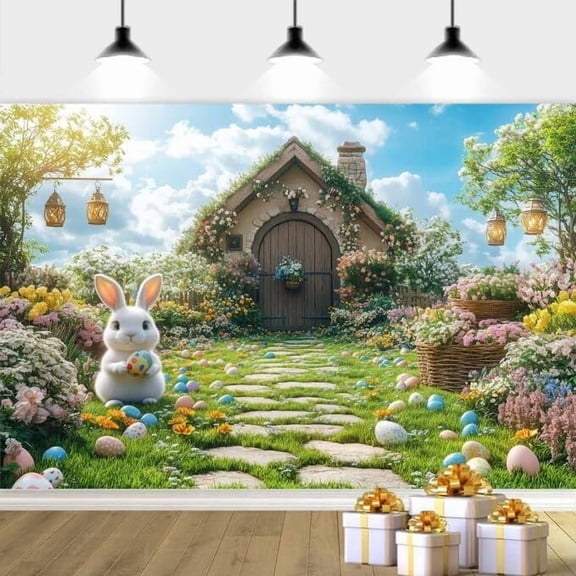 10x8ft Spring Easter Backdrop, Easter Photography Backdrop Bunny Easter Colorful Eggs Flowers Background Kids Party Decor Photo Banner Booth Props