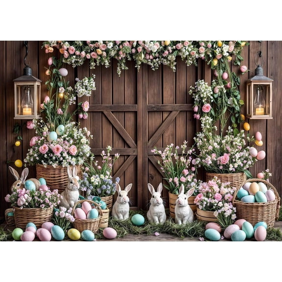 10x8ft Spring Easter Backdrop for Photography Brown Wooden Wall Garden Bunny Colorful Eggs Flower Farmhouse Background Rabbit Flag Baby Kids Portrait Photo Booth Props