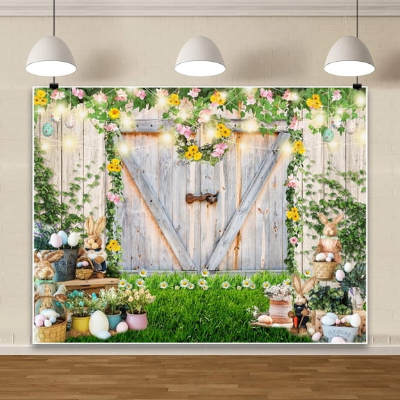 10x8ft Spring Easter Photography Backdrops Wooden Board Garden Floral Grass Rabbit Background Bunny Stand Photo Banner Tapestry Booth Props