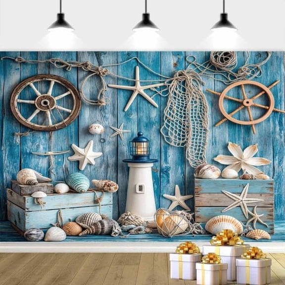 10x8ft Summer Nautical Photography Backdrop, Nautical Photography Backdrop Blue Wooden Nautical Backdrop Summer Party Photo Background Birthday Baby Shower Photoshoot Studio Props