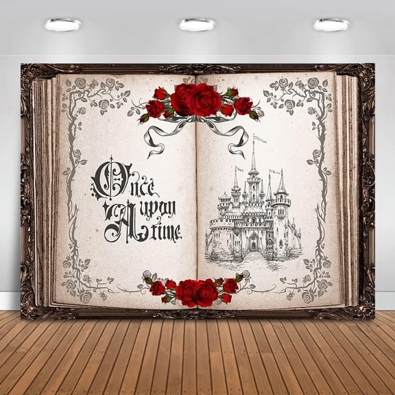 10x8ft Once Upon a Time Backdrop Princess Castle Wedding Party Background Fairytale Book Red Roses Bridal Shower Party Cake Table Decoration Photo Booth Props