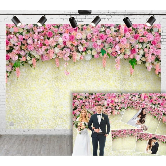 10x8ft Wedding Flower Wall Backdrop,Flowers Green Plants Pink and White Romantic Flower Background,Wedding Photoshoot Party Arrangement Photography Props