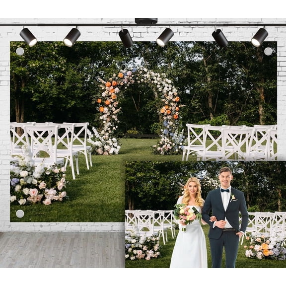 10x8ft Wedding Photoshoot Backdrop Trees Lawns White Orange Floral Arches Background For Engagement Proposal Birthday Party Decoration Outdoor Theme Video Studio Props