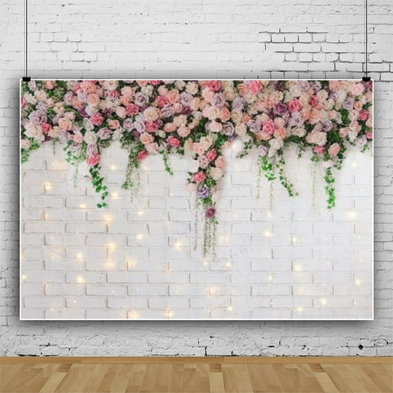 10x8ft,White Brick Wall Flowers Backdrop,Mother's Day Wedding Photography Background Bridal Shower Backdrops Banner for Tea Party Decorations