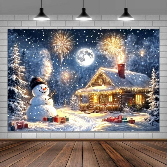 10x8ft Winter Christmas Photography Backdrop Snowman Kids Backdrop Xmas Farmhouse Village Banner Party Decor Photo Backdrops Cabin Fireworks Photo Booth Props Background Rustic Pine Forest Wall Decor
