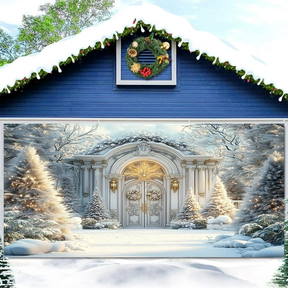10x8ft Winter Palace Christmas Garage Door Decoration Background Retro Xmas Tree Wreath Snowflake Wonderland Christmas Snow Forest Decoration Backdrops Kids Children Birthday Party Banner Cover