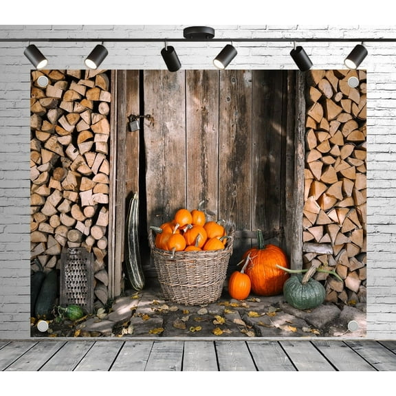 10x8ft Wood Panel Backdrop Pumpkins and Firewood Photo Backdrop Rustic Background for Theme Party Wedding Birthday Baby Shower Decoration Banner Photo Booth Studio Props