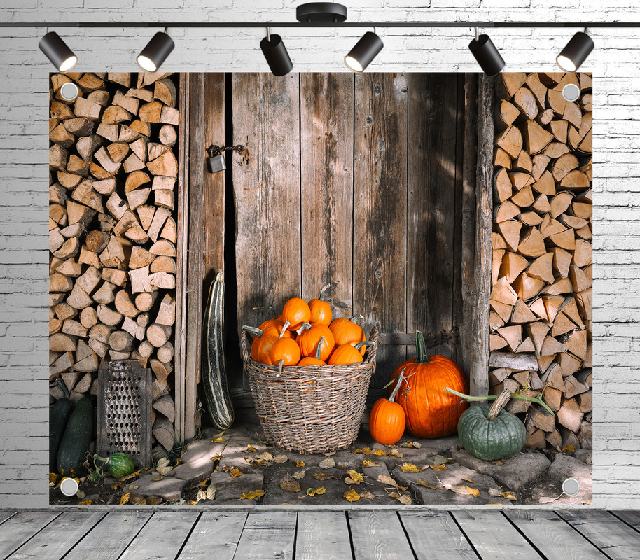 10x8ft Wood Panel Backdrop Pumpkins and Firewood Photo Backdrop Rustic ...