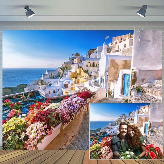 Santorini Greece Backdrop 10x8 Ft White Blue Houses on Aegean Sea with Blooming Bougainvillea, Photo Booth Background for Wedding Birthday Party Studio Decor