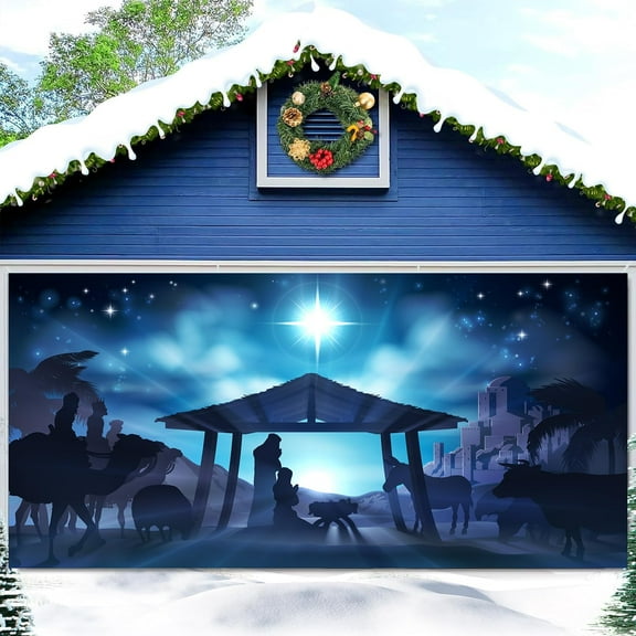 10x8ftNativity Scene Birth of Jesus Garage Door Decoration Background Winter Snowy Manger Glittering Star Nativity Christmas Decoration Party Outdoor Indoor Banner Cover