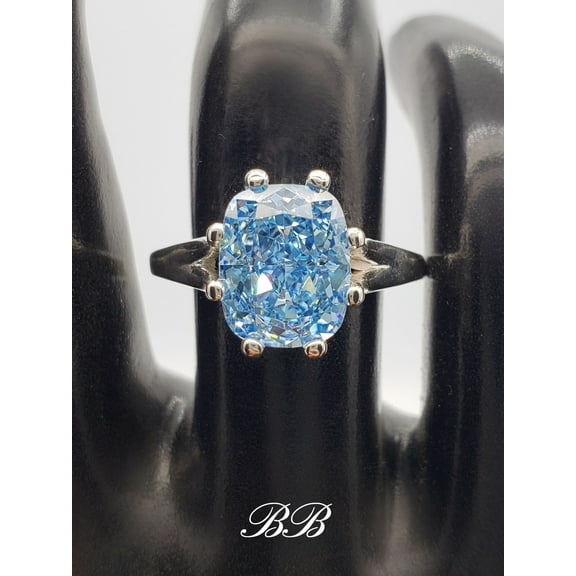 10x8mm Blue Crushed Ice, Elongated Cushion Cut, 8-Prong Solitaire Statement Ring, 5A Cubic Zirconia, Sterling Silver, Made to Order