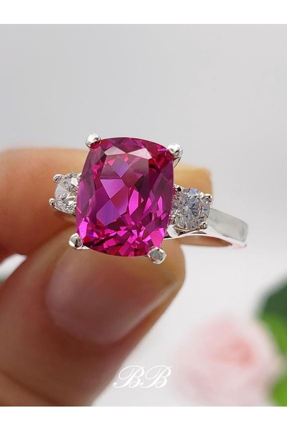 10x8mm Lab Dark Hot Pink Sapphire, Elongated Cushion Cut, Trellis Three Stone Ring, Sterling Silver or Gold, Made to Order, Jewelry Gift