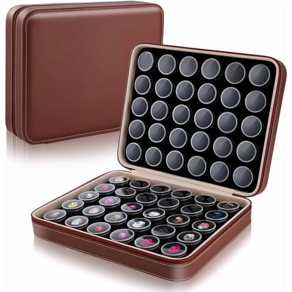 10x8x2.7inch Leather Jewelry Storage Box Set 60Pcs Plastic Round Boxes with Black Foam Padding Multi-Compartment Organizer for Gemstones Diamonds Nail Art Accessories Black