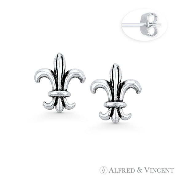 10x9mm Fleur-De-Lis Flower French Monarchy Charm Stud Earrings in Oxidized .925 Sterling Silver