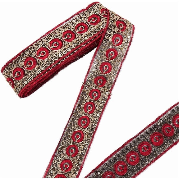 10yards 10 Yards 1.77 Inch Red Embroidered Ribbon Metallic Glitter Gold Sequin Polyester Embroidery Jacquard Trim Boho Woven Fabric Applique Trimming Tape for Sewing Making Clothes Dresses Wedding